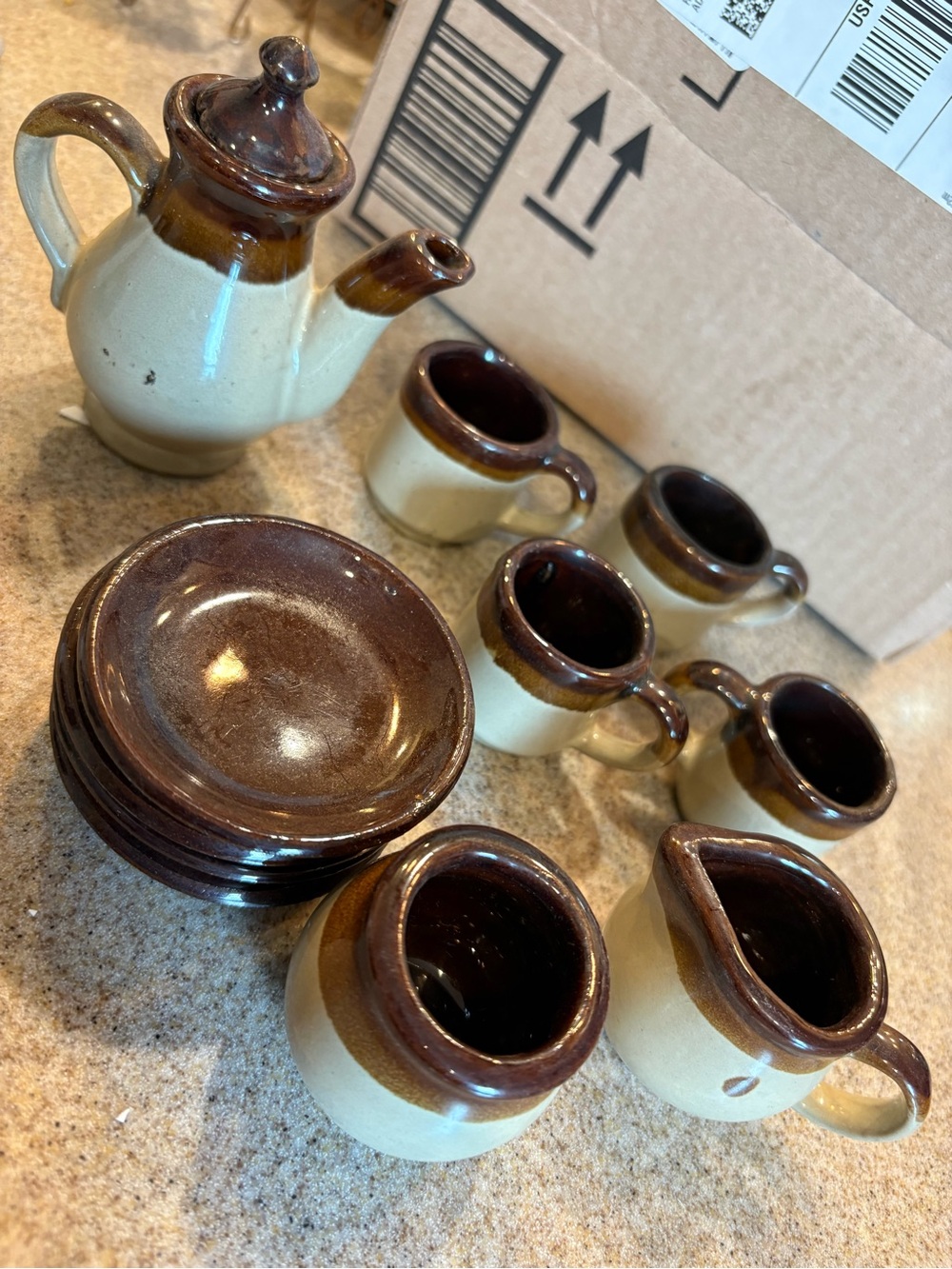 Vintage Retro Ceramic Brown & Cream Mini Tea Set - 12 pieces